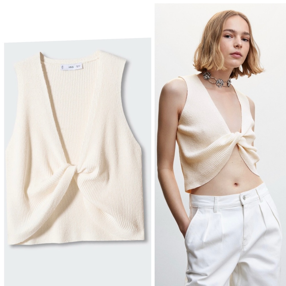 MNG Knit Top With Knot Detail M Medium Vest Cream Ivory Sweater